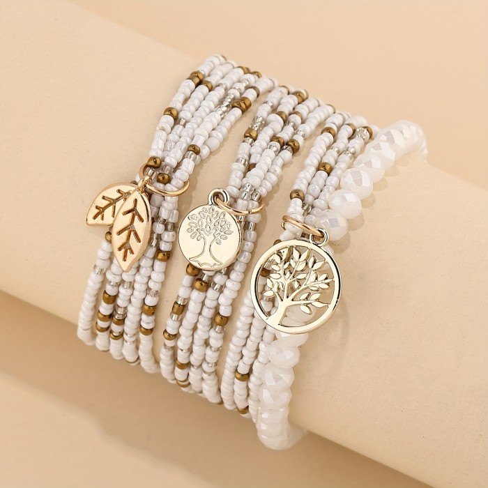 3pc Leaf Pendant Beaded Bracelet Set Boho Style Multi Layers Hand String Jewelry Set Daily Wear