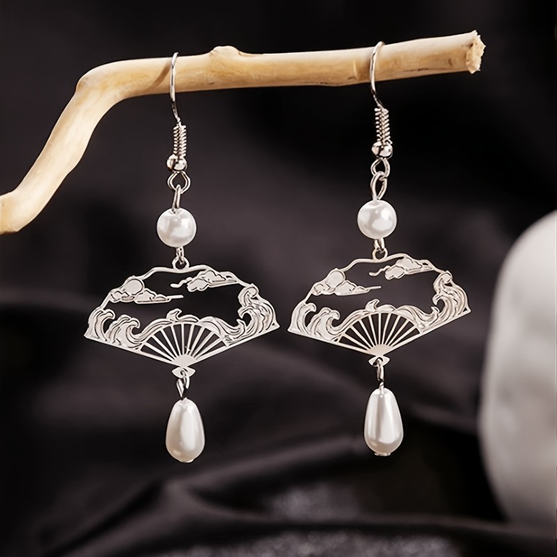 Vintage Chinese-style Waterdrop Stud Earrings, Ethnic Auspicious Cloud Fan Tassel Earrings, Hollow Fan-shaped Drop Earrings