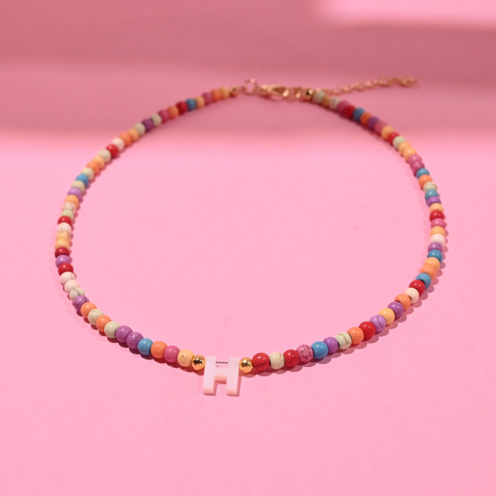 Bohemian Colorful Bead Necklace for Women with Natural Mother-Of-Pearl Initial Pendants Featuring All 26 Letters, a Stylish Jewelry Accessory