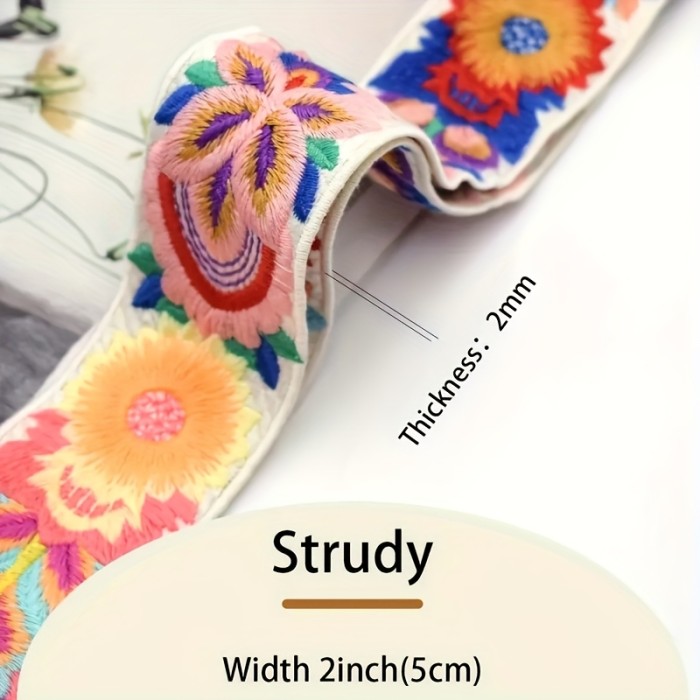 Bohemian Vibrant Floral Embroidery Adjustable Shoulder Strap, Suitable for Wallets, Handbags, and Guitar Straps - 2.0inch Wide Black Polyester with Golden Hardware, DIY Accessory for Women's Bags