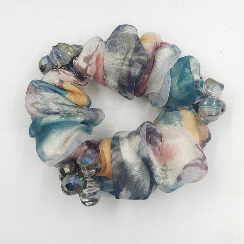 Elegant Handmade Beaded Double-Layer Hair Tie - Mesh Floral Scrunchie for Women, Colorful Ponytail Holder