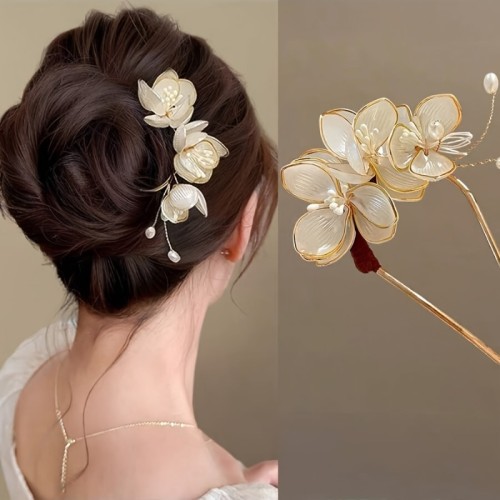 1 Handmade Flower Hairpin, U-Shaped Hair Accessory, Ancient Style Hairpin, Suitable for Bun Extensions and Styling, Hair Styling Tool, Updo Hairstyle, Decorative Hair Accessory, Wedding Accessory, Party Hairstyle, Birthday, Party Gift
