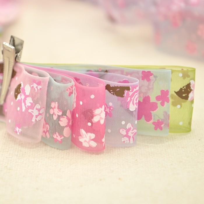 5 Yards Width 25mm Flower Printed Organza Ribbon for DIY Headwear Wedding Party Festive Event Decoration Gift Wrap