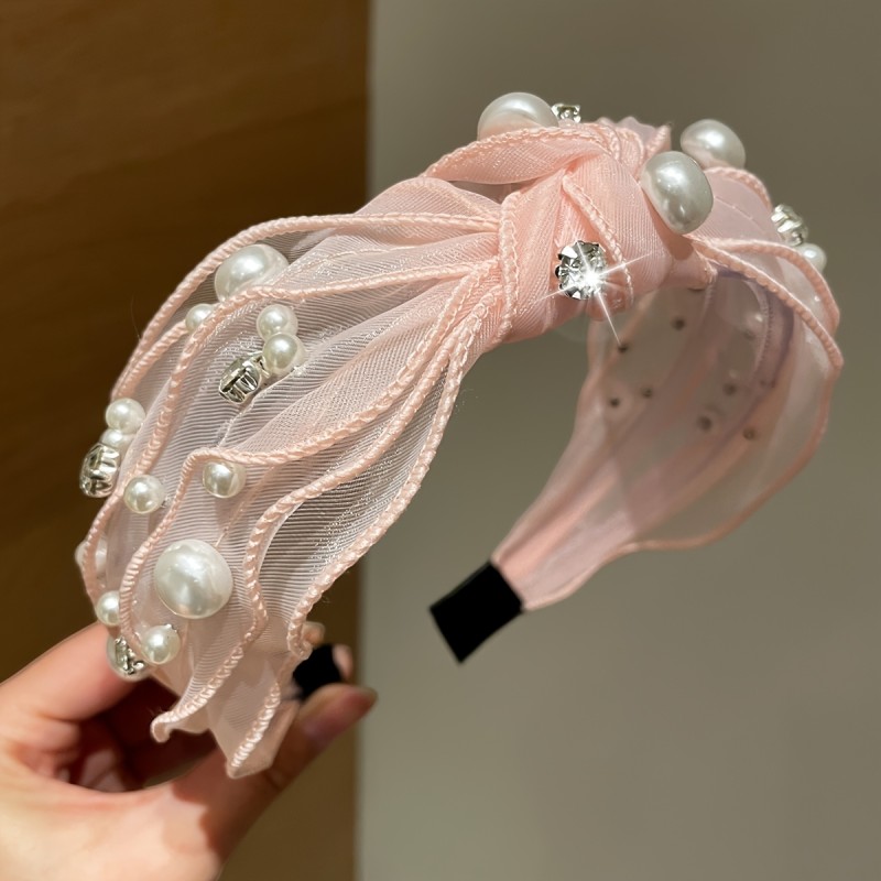1pc Women'S Multicolor Mesh Headband with Rhinestones, Faux Pearls, Elegant And Beautiful High Skull Top Hair Hoop, Hair Additions, Suitable for Daily Use