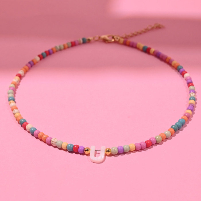 Bohemian Colorful Bead Necklace for Women with Natural Mother-Of-Pearl Initial Pendants Featuring All 26 Letters, a Stylish Jewelry Accessory