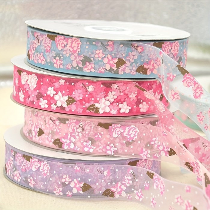 5 Yards Width 25mm Flower Printed Organza Ribbon for DIY Headwear Wedding Party Festive Event Decoration Gift Wrap