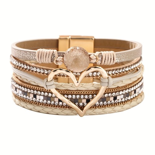 Bohemian Multi-Layer Imitate Faux Leather Bracelet Hand-Woven Bracelet Golden Big Heart Ladies Fashion Bracelet