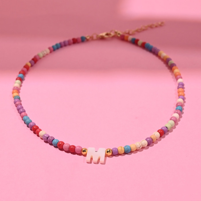 Bohemian Colorful Bead Necklace for Women with Natural Mother-Of-Pearl Initial Pendants Featuring All 26 Letters, a Stylish Jewelry Accessory