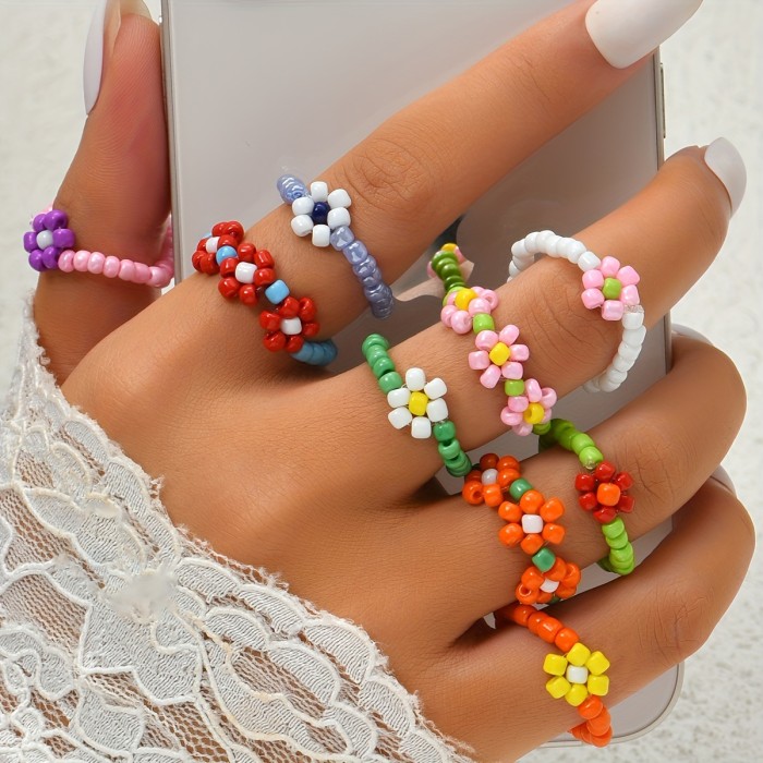 Set of 9 Stacking Rings, Colorful Bohemian Handmade Beaded Woven Flower Stacking Rings, a Gift for Women'S Beach Vacation Jewelry