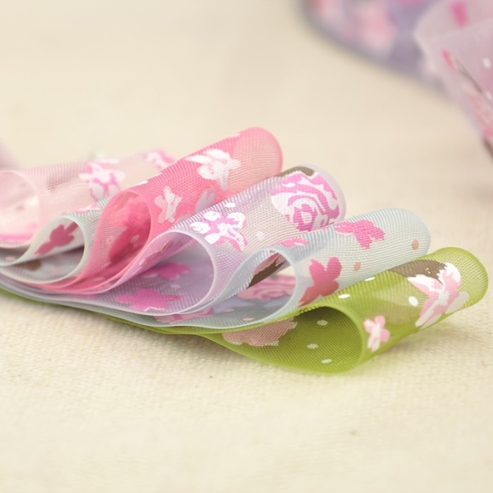 5 Yards Width 25mm Flower Printed Organza Ribbon for DIY Headwear Wedding Party Festive Event Decoration Gift Wrap