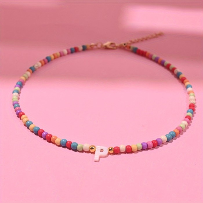 Bohemian Colorful Bead Necklace for Women with Natural Mother-Of-Pearl Initial Pendants Featuring All 26 Letters, a Stylish Jewelry Accessory
