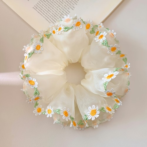 1pc Summer Limited Edition Little Daisy Mesh Scrunchie for Women, High-End Floral Bun Hair Accessory, Double-Layer Hair Tie