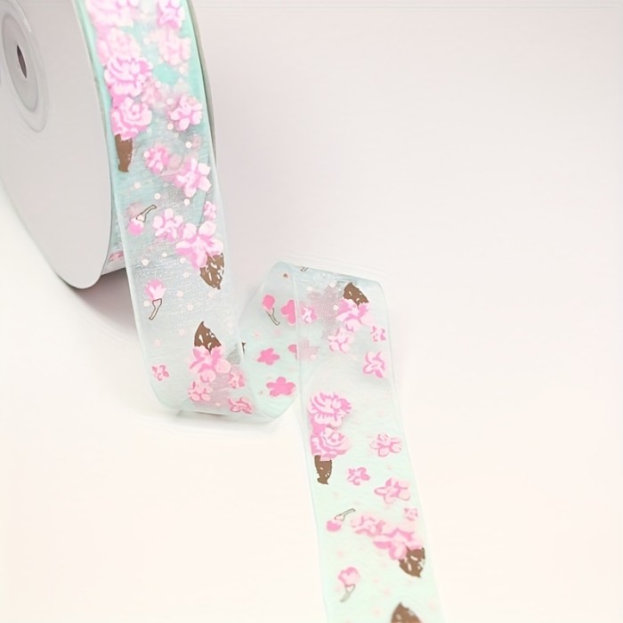 5 Yards Width 25mm Flower Printed Organza Ribbon for DIY Headwear Wedding Party Festive Event Decoration Gift Wrap