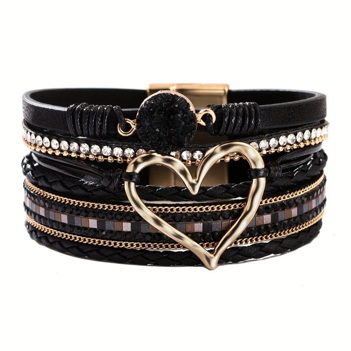 Bohemian Multi-Layer Imitate Faux Leather Bracelet Hand-Woven Bracelet Golden Big Heart Ladies Fashion Bracelet