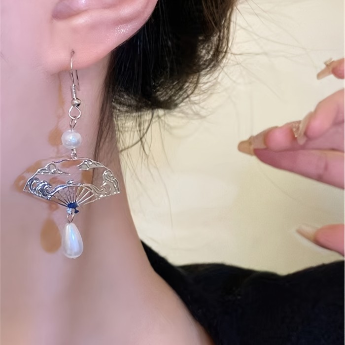 Vintage Chinese-style Waterdrop Stud Earrings, Ethnic Auspicious Cloud Fan Tassel Earrings, Hollow Fan-shaped Drop Earrings