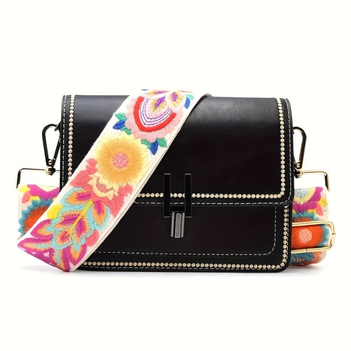 Bohemian Vibrant Floral Embroidery Adjustable Shoulder Strap, Suitable for Wallets, Handbags, and Guitar Straps - 2.0inch Wide Black Polyester with Golden Hardware, DIY Accessory for Women's Bags
