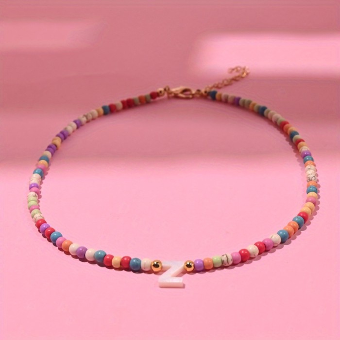 Bohemian Colorful Bead Necklace for Women with Natural Mother-Of-Pearl Initial Pendants Featuring All 26 Letters, a Stylish Jewelry Accessory