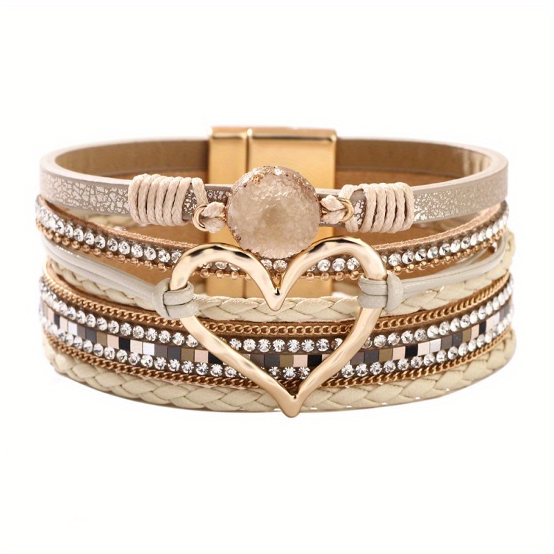 Bohemian Multi-Layer Imitate Faux Leather Bracelet Hand-Woven Bracelet Golden Big Heart Ladies Fashion Bracelet