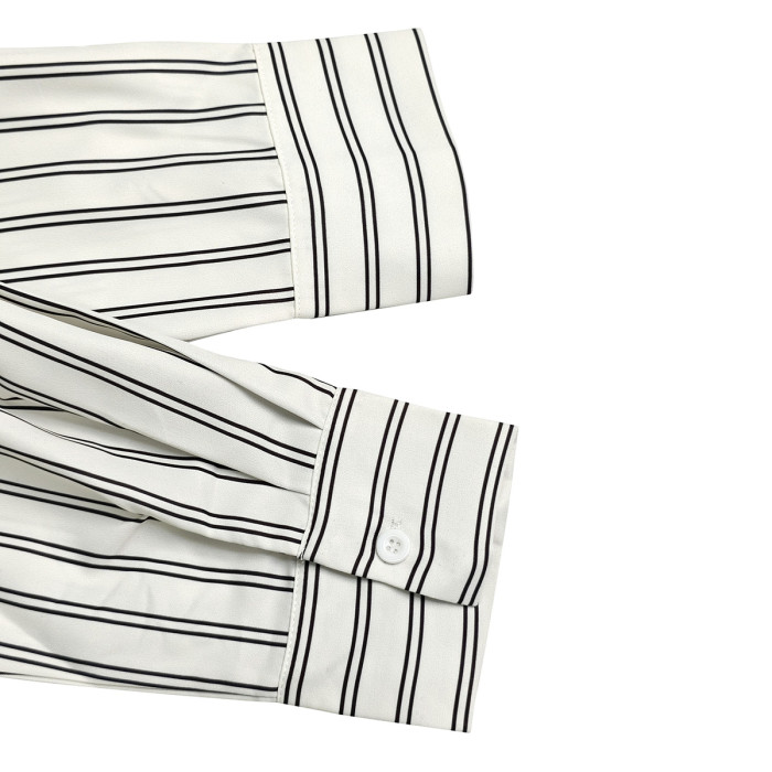 Striped Contrast Color Buttoned Puff Sleeves Loose Lapel Blouses&Shirts Tops