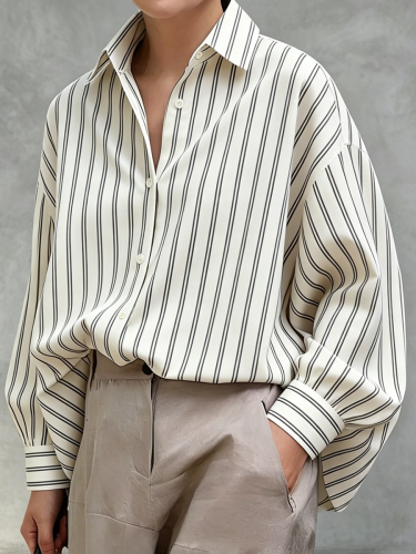 Striped Contrast Color Buttoned Puff Sleeves Loose Lapel Blouses&Shirts Tops
