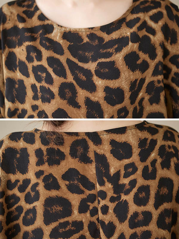 Leopard Loose Batwing Sleeves Round-Neck T-Shirts Tops