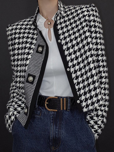 Printed Houndstooth Contrast Color Buttoned Plus Size Loose Stand Collar Outerwear Jackets
