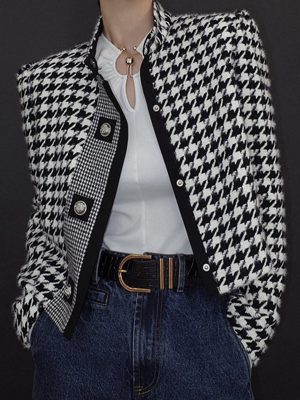 Printed Houndstooth Contrast Color Buttoned Plus Size Loose Stand Collar Outerwear Jackets