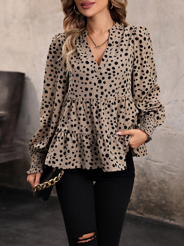 Split-Joint Polka-Dot Elasticity Loose Long Sleeves V-Neck Blouses&Shirts Tops