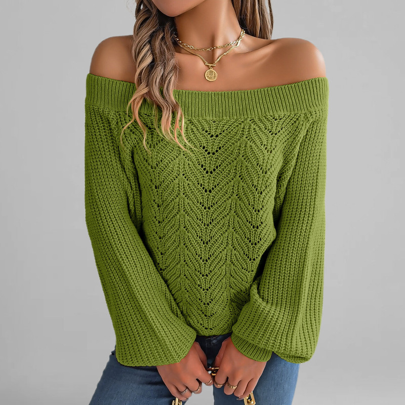 Women's Casual Blue Off Shoulder Hollow Out Knit Lantern Sleeve Sweater