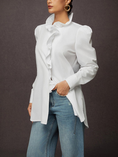 Loose Puff Sleeves Ruffled Solid Color Split-Joint Stand Collar Blouses&Shirts Tops