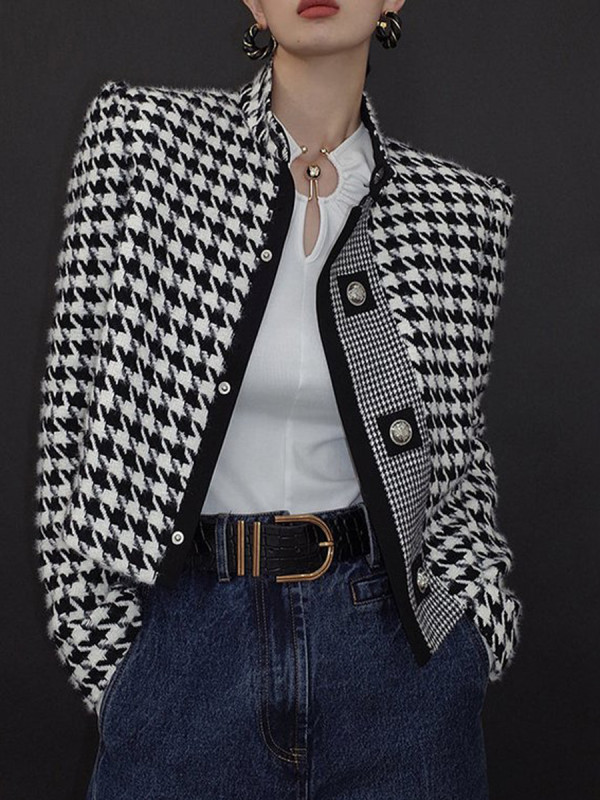 Printed Houndstooth Contrast Color Buttoned Plus Size Loose Stand Collar Outerwear Jackets