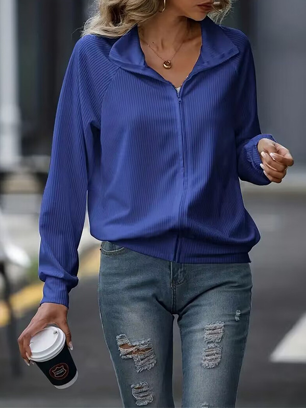 Zipper Solid Color Loose Long Sleeves Lapel Outerwear