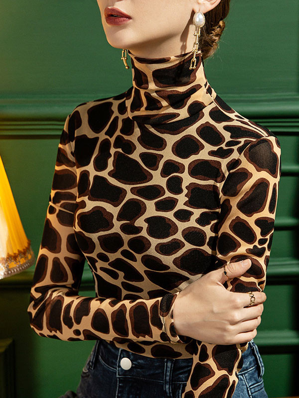 Leopard Skinny Long Sleeves High-neck T-Shirts Tops
