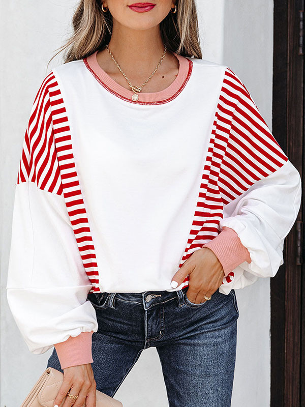 Striped Contrast Color Loose Long Sleeves Round-neck Sweatshirt Tops