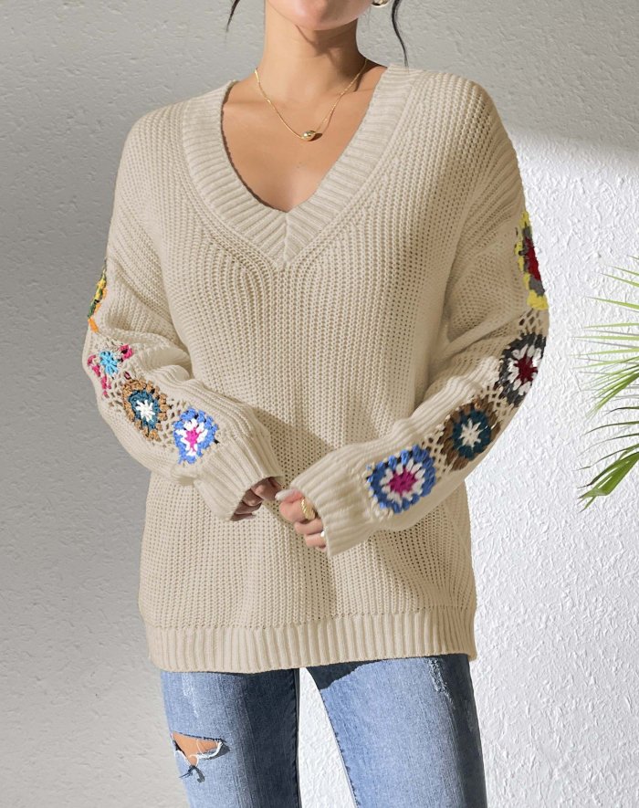 Women's New Arrival Random Color Hand Hook Flower Patchwork Sleeve V-neck Pullover Sweater