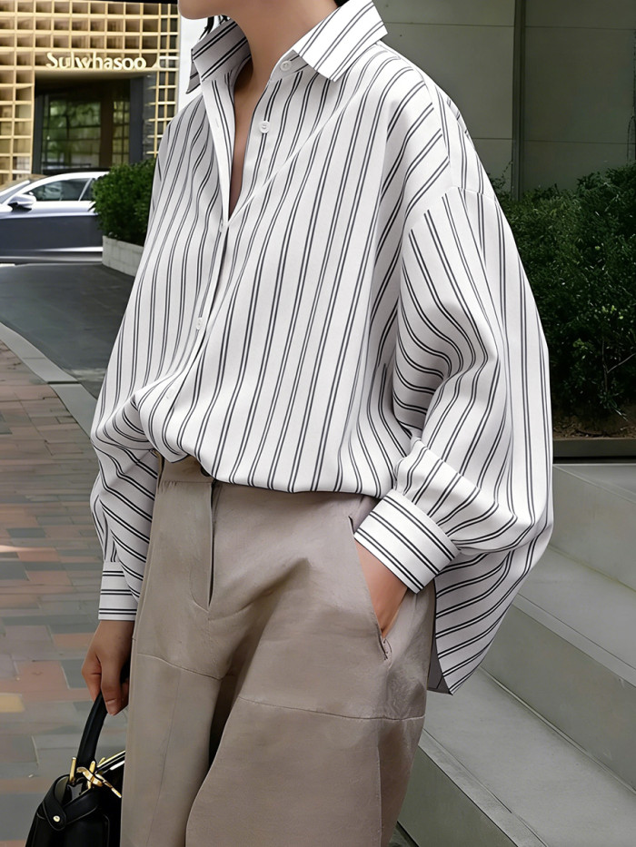 Striped Contrast Color Buttoned Puff Sleeves Loose Lapel Blouses&Shirts Tops