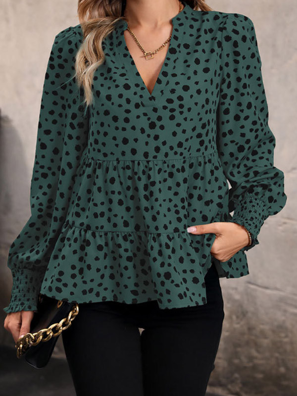 Split-Joint Polka-Dot Elasticity Loose Long Sleeves V-Neck Blouses&Shirts Tops