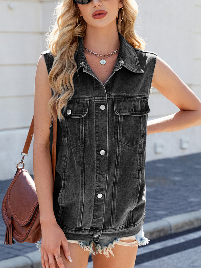 Split-Joint Solid Color Pockets Buttoned Sleeveless Loose Lapel Vest Outerwear