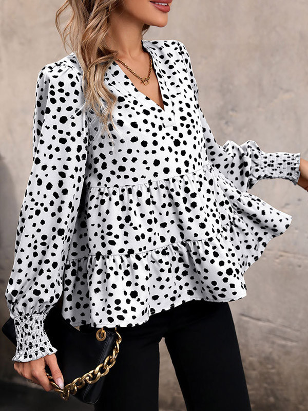 Split-Joint Polka-Dot Elasticity Loose Long Sleeves V-Neck Blouses&Shirts Tops