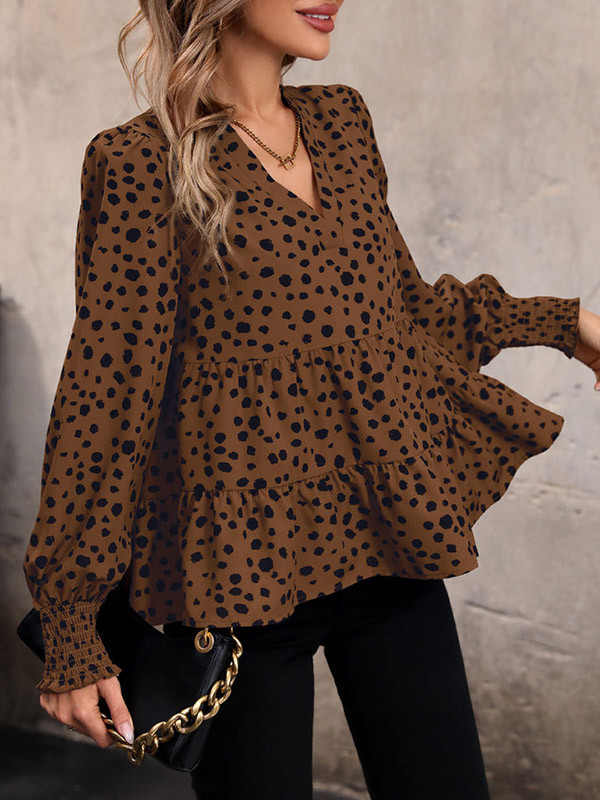 Split-Joint Polka-Dot Elasticity Loose Long Sleeves V-Neck Blouses&Shirts Tops