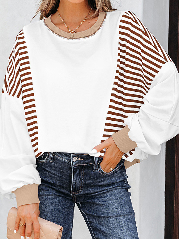 Striped Contrast Color Loose Long Sleeves Round-neck Sweatshirt Tops