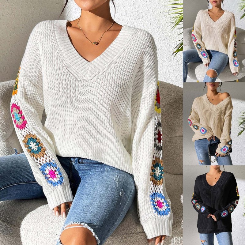 Women's New Arrival Random Color Hand Hook Flower Patchwork Sleeve V-neck Pullover Sweater