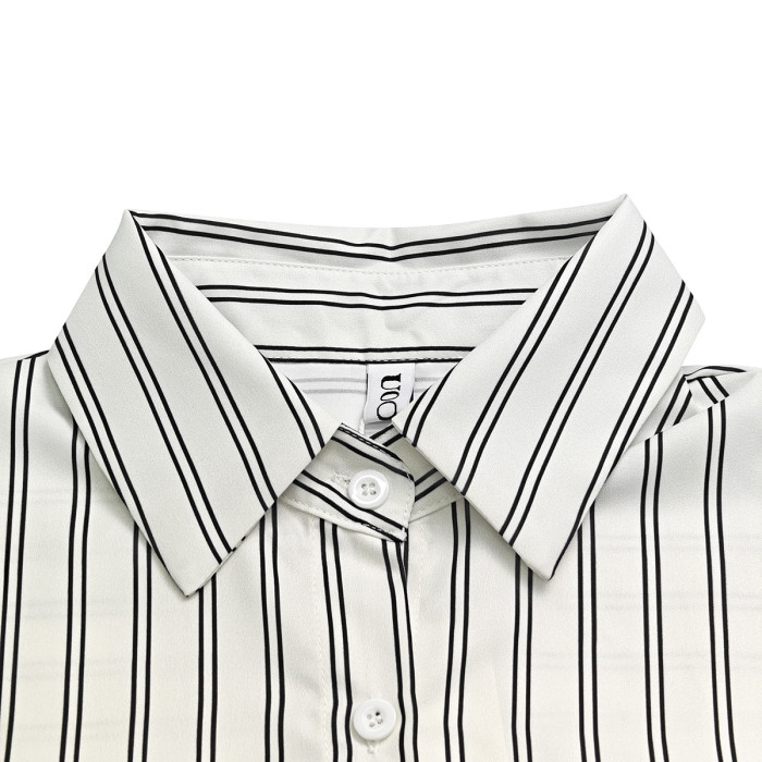 Striped Contrast Color Buttoned Puff Sleeves Loose Lapel Blouses&Shirts Tops