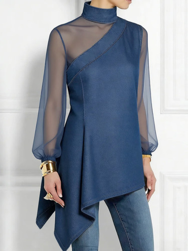 Split-Joint Mesh Asymmetric Puff Sleeves Long Sleeves Mock Neck Blouses&Shirts Tops