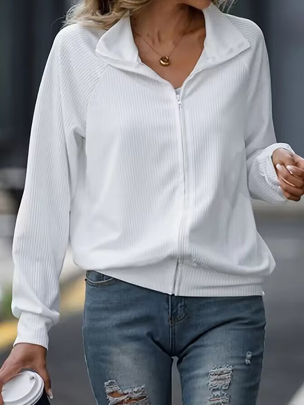 Zipper Solid Color Loose Long Sleeves Lapel Outerwear