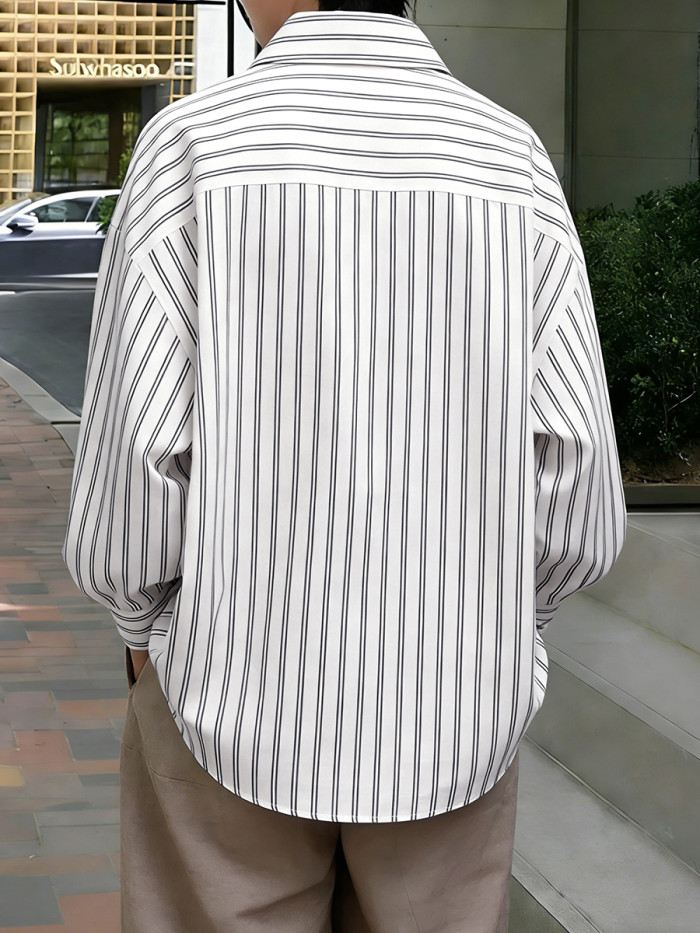 Striped Contrast Color Buttoned Puff Sleeves Loose Lapel Blouses&Shirts Tops