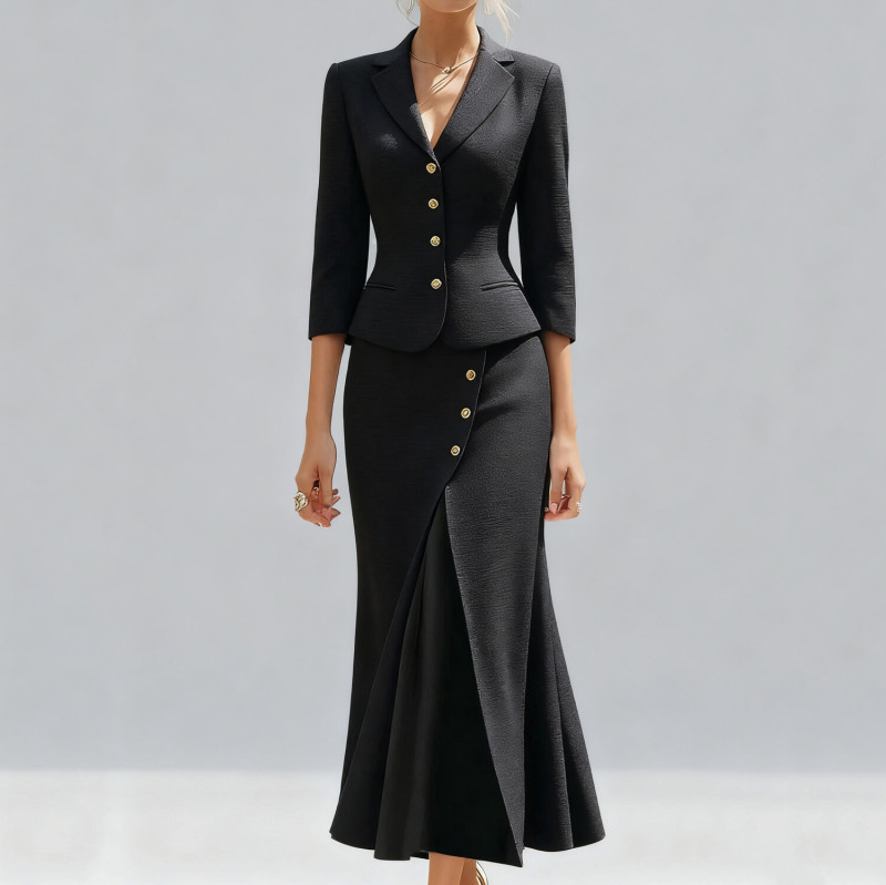 Women's Formal White Notch Lapel Buttons 3/4 Sleeve Blazer & Mermaid Midi Skirt 2Pcs Set