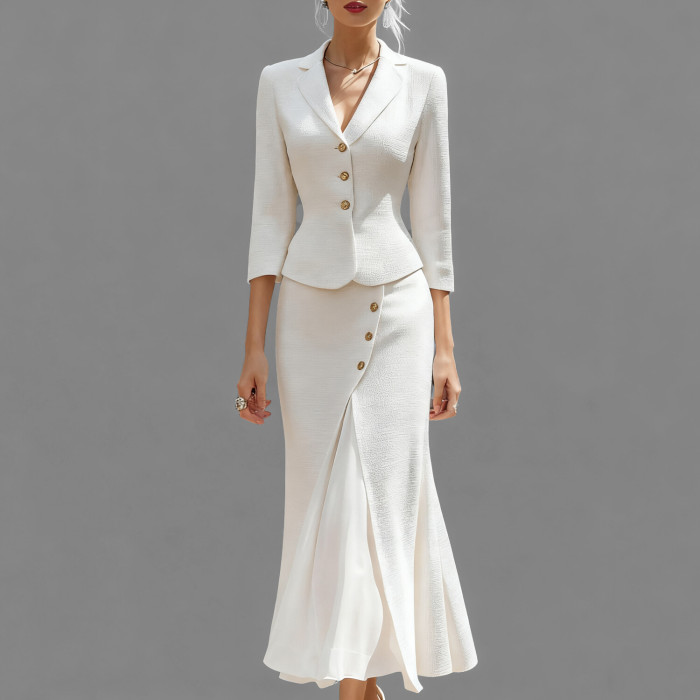 Women's Formal White Notch Lapel Buttons 3/4 Sleeve Blazer & Mermaid Midi Skirt 2Pcs Set