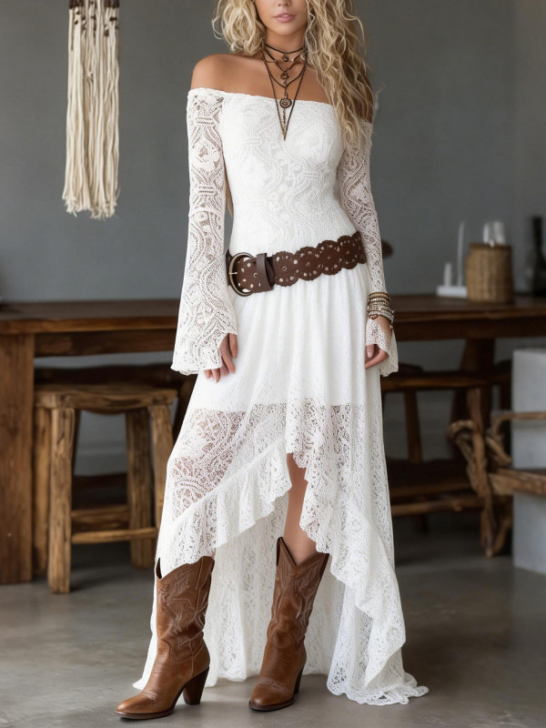 Lace Off-Shoulder Hollowed-Out Floral Sexy Long-Sleeved Dress