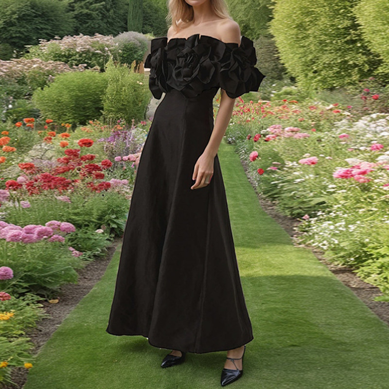 French Lady One Shoulder Flower Stitching Maxi Dress